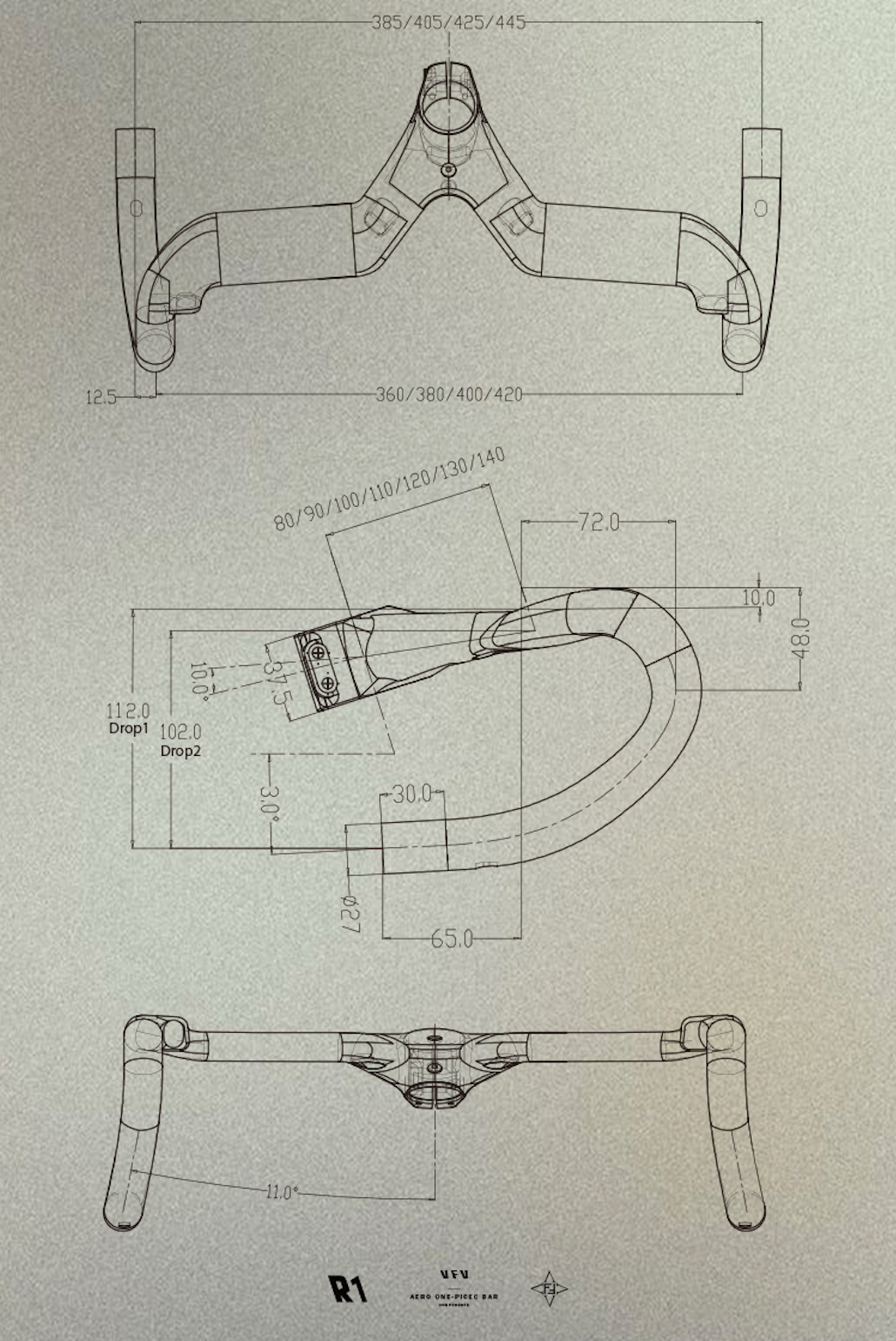 Rysunek techniczny kierownicy VoiceVelo VFV R1: Reach 72mm, Drop 102mm, Rise 10mm.